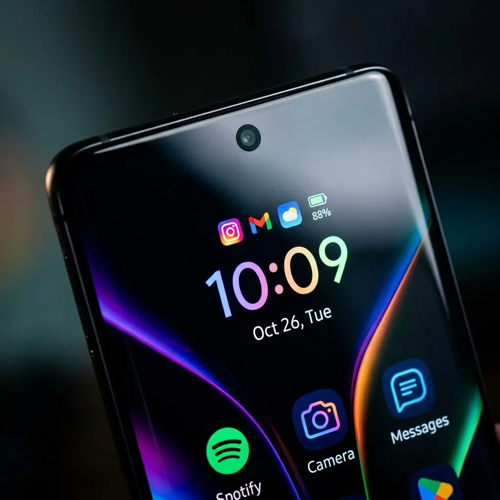 Close-up of TECNO Camon Slim 5G's AMOLED display showing punch-hole camera and thin bezels