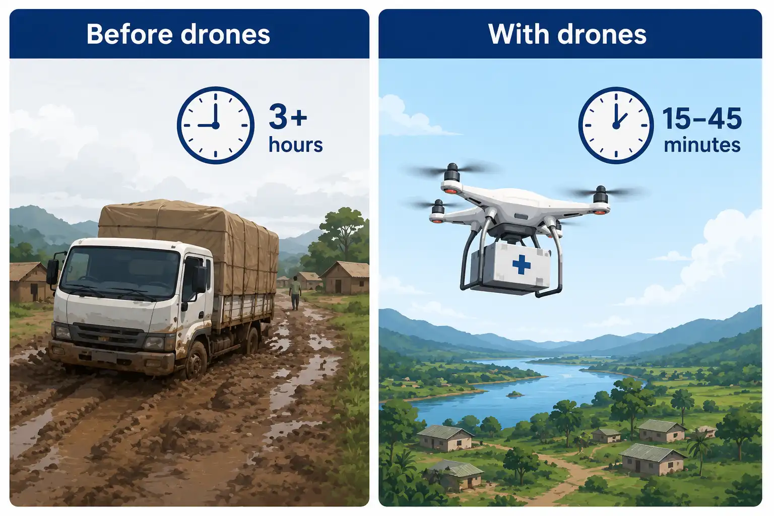 Comparison of delivery time before and after medical drones in Africa