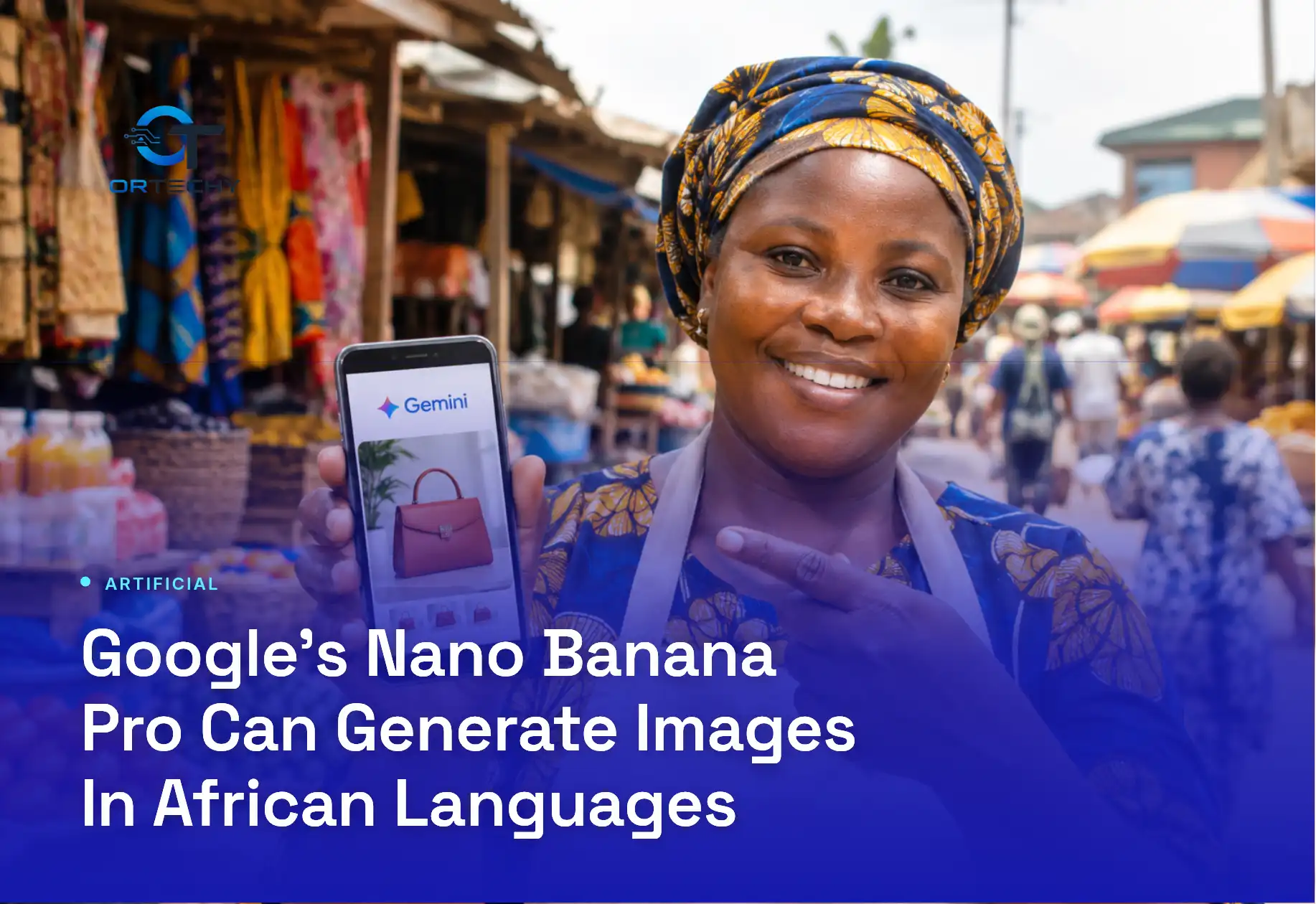 Small business owner using an AI image tool on a smartphone in an African market