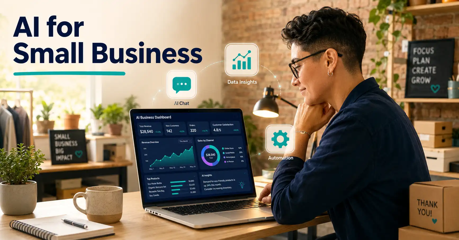 Small business owner using AI tools on a laptop to compete with larger companies — 2026