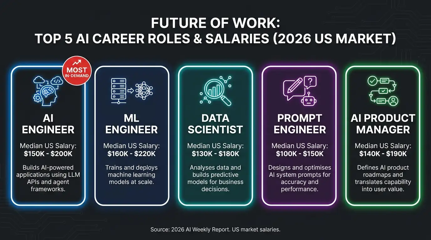 AI career roles and salaries infographic showing five job paths for how to learn AI including AI Engineer at $150K to $200K Machine Learning Engineer Data Scientist Prompt Engineer and AI Product Manager