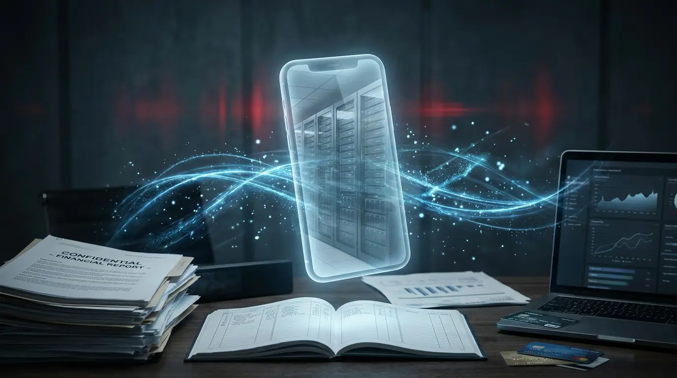 Cloud phones cybercriminals 2026 editorial illustration showing a transparent virtual smartphone hovering above financial documents with electric blue data streams representing how cloud phones are used in financial fraud bypassing bank detection systems