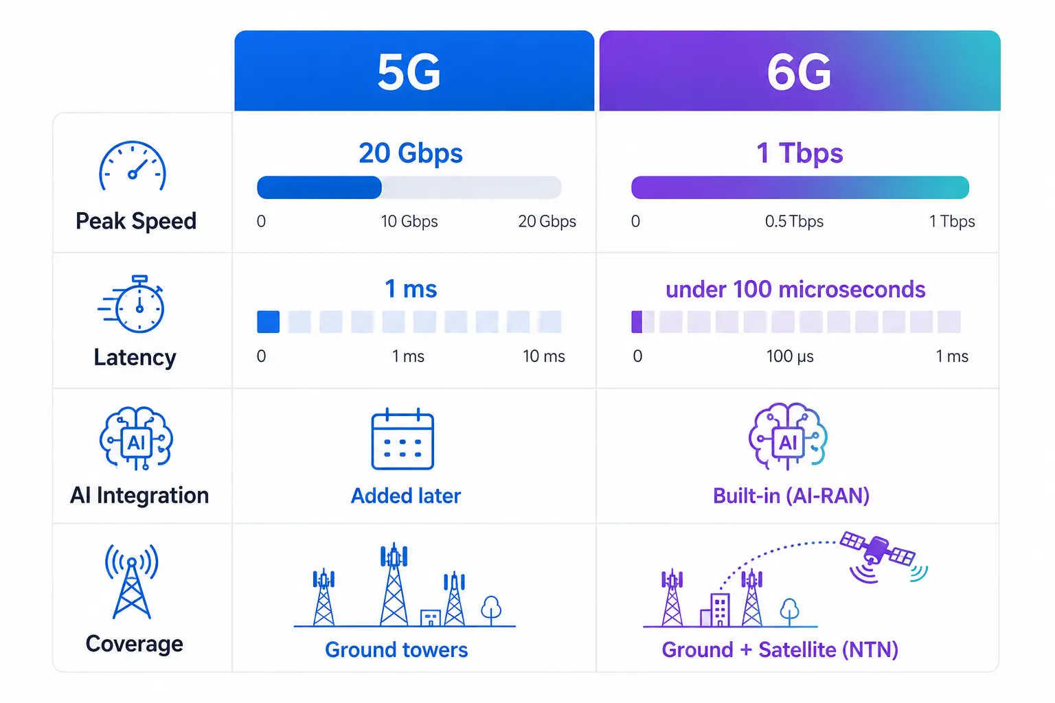 Infographic comparing 5G and 6G technology speeds, latency, and frequency bands