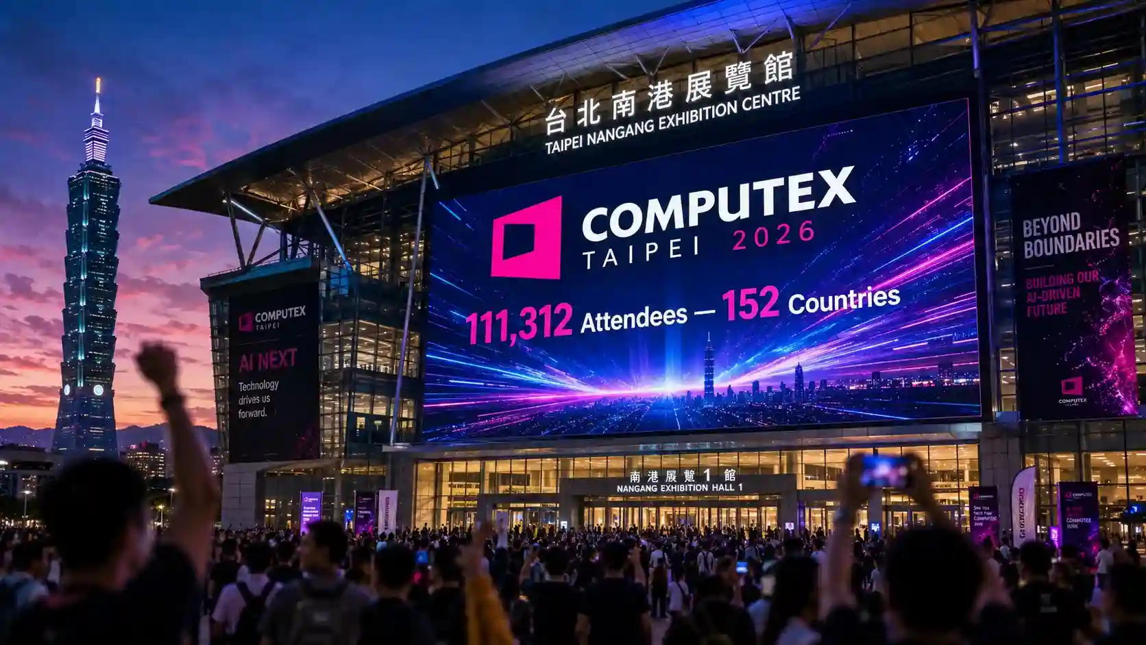 Biggest AI hardware announcements Computex 2026 featuring record 111312 attendees at Taipei Nangang Exhibition Centre representing the most significant computing trade show in 45 years