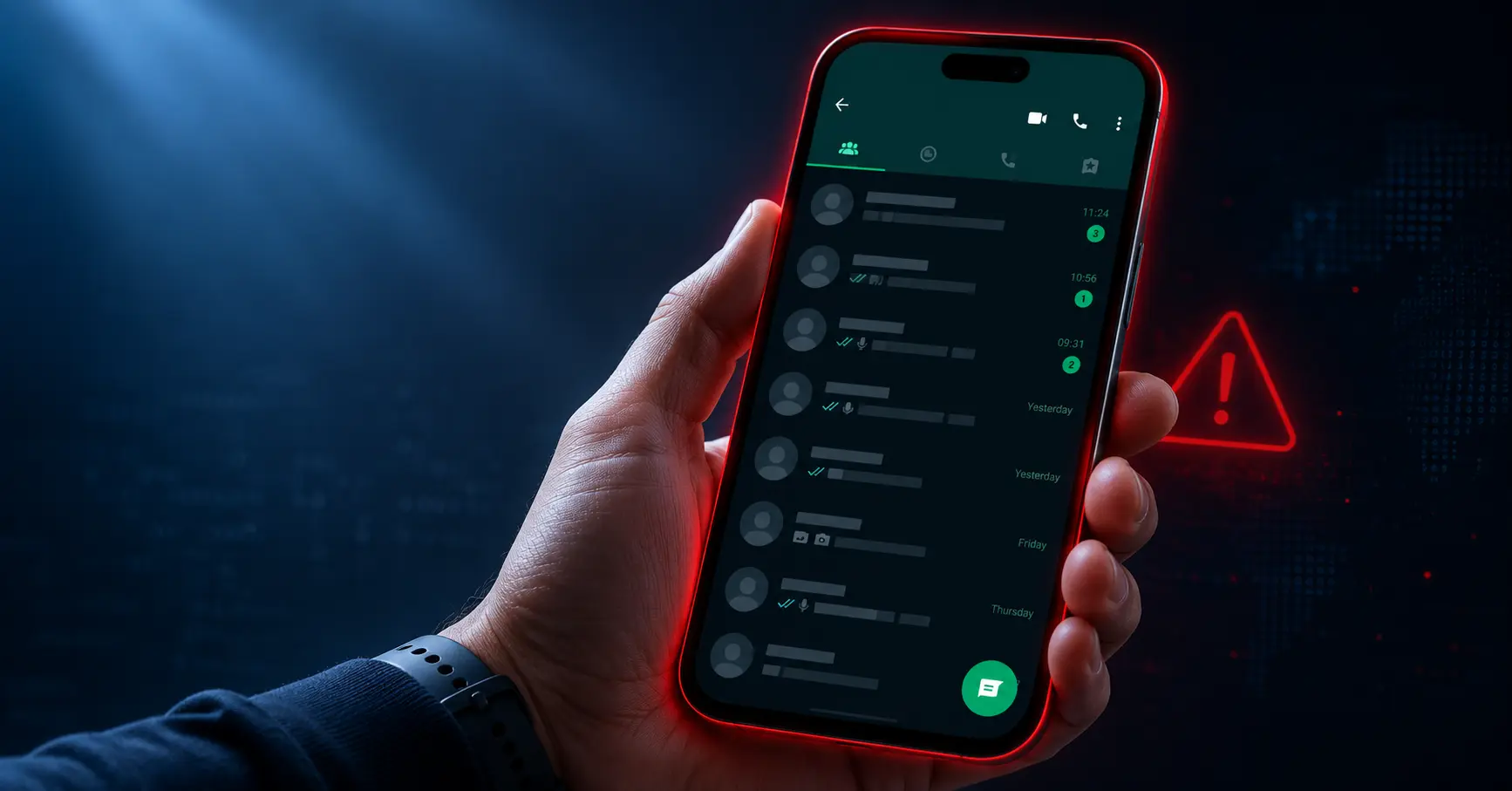 Smartphone showing WhatsApp with a red security warning glow, illustrating a hacked account