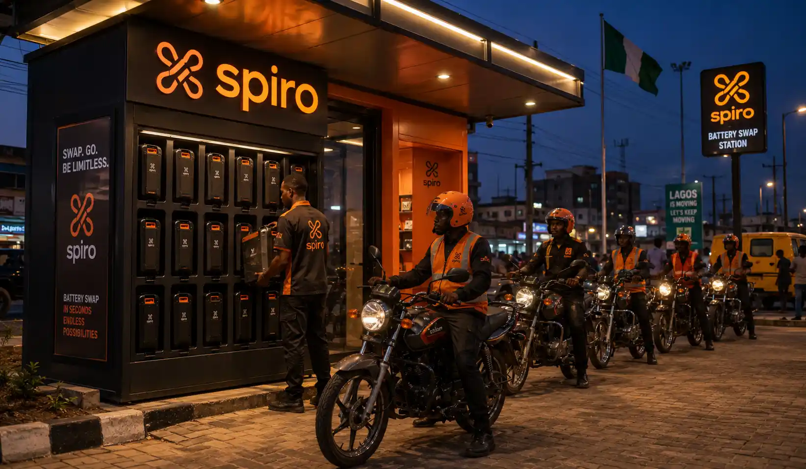 Spiro battery-swapping station with electric motorcycles in an African city at dusk