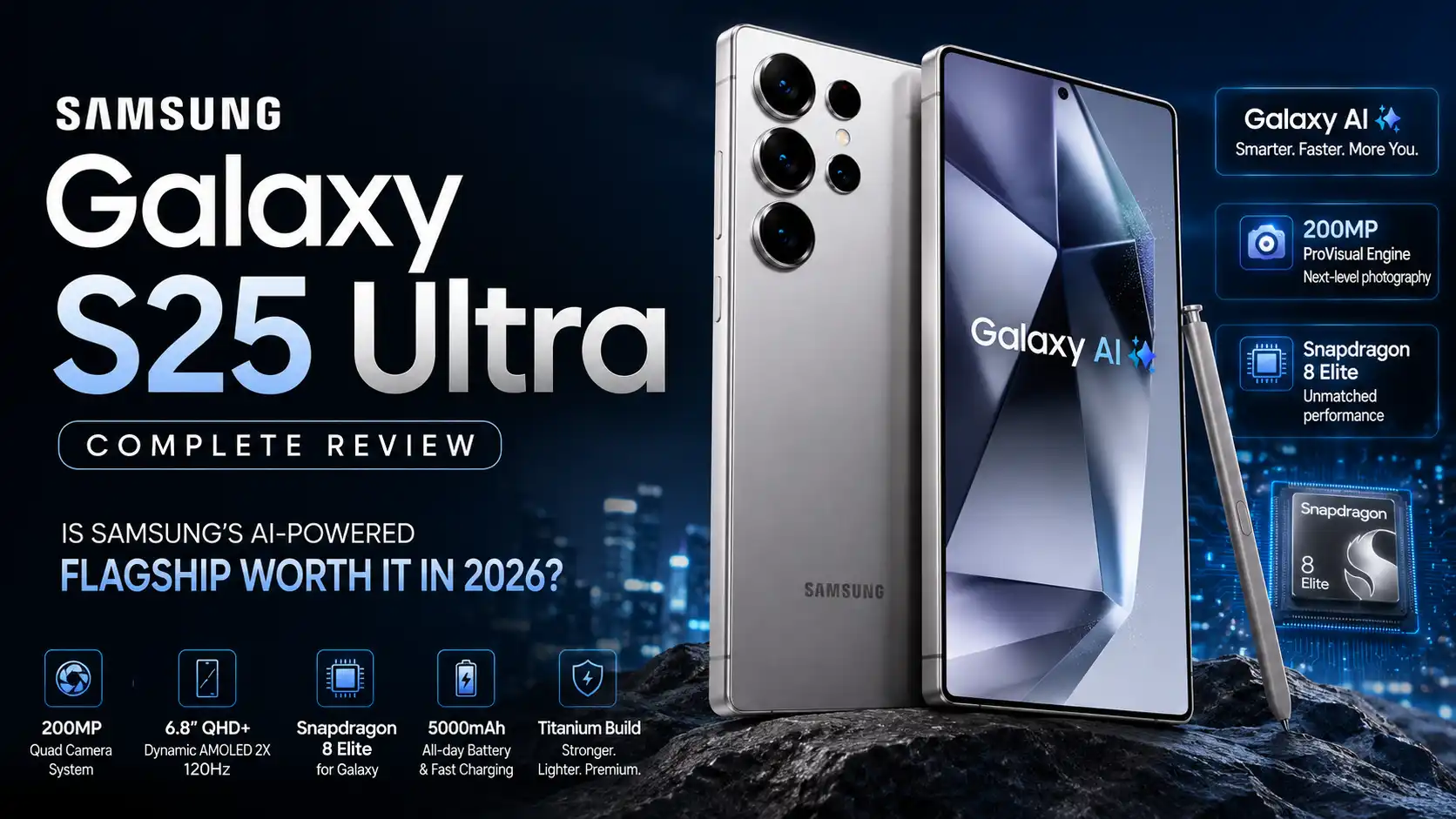 Samsung Galaxy S25 Ultra review banner featuring the smartphone, S Pen, Galaxy AI features, 200MP camera, and Snapdragon processor on a futuristic blue tech background.