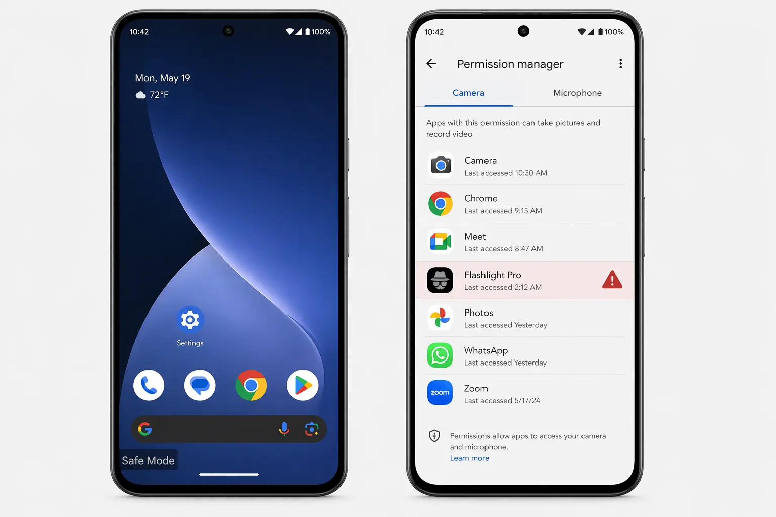 Android phone in Safe Mode on the left and Android Permission Manager showing suspicious app camera access on the right showing how to check if Android is hacked
