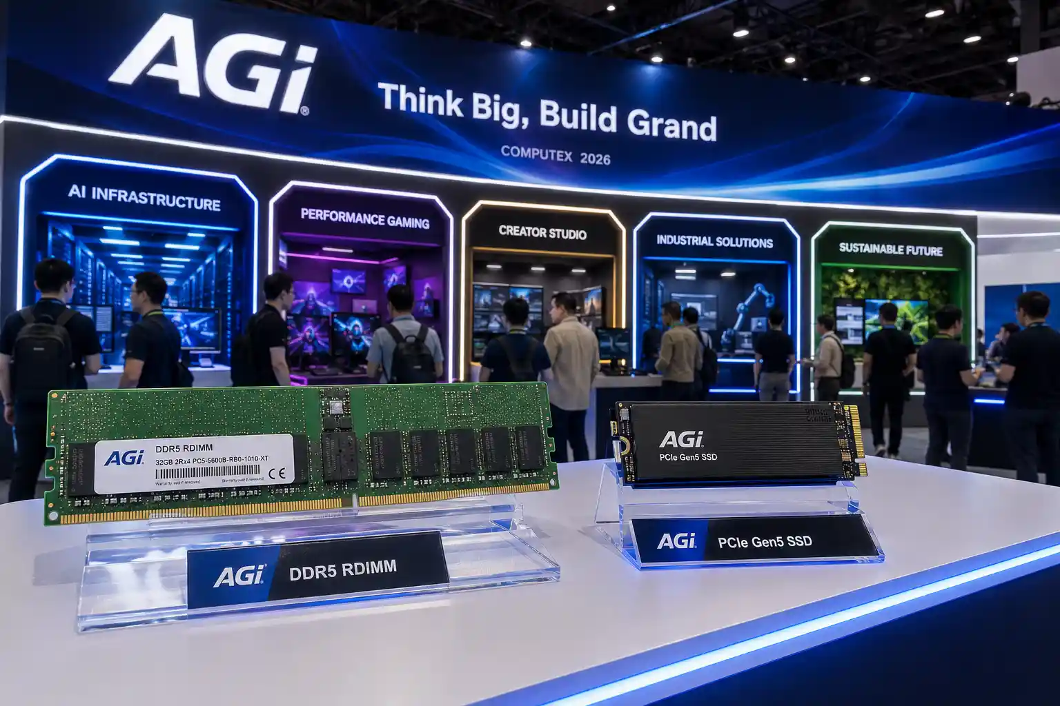 AGI Technology Computex 2026 booth showing DDR5 RDIMM server memory PCIe Gen5 SSD and Smart Life edge computing solutions under the Think Big Build Grand theme