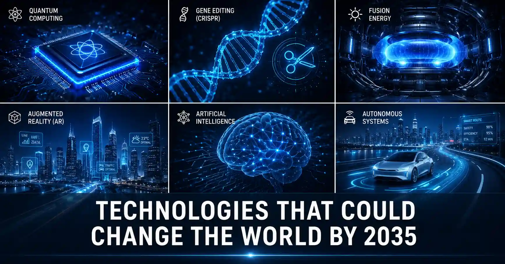 Collage of emerging technologies including quantum computing, CRISPR gene editing, and fusion energy set to change the world by 2035