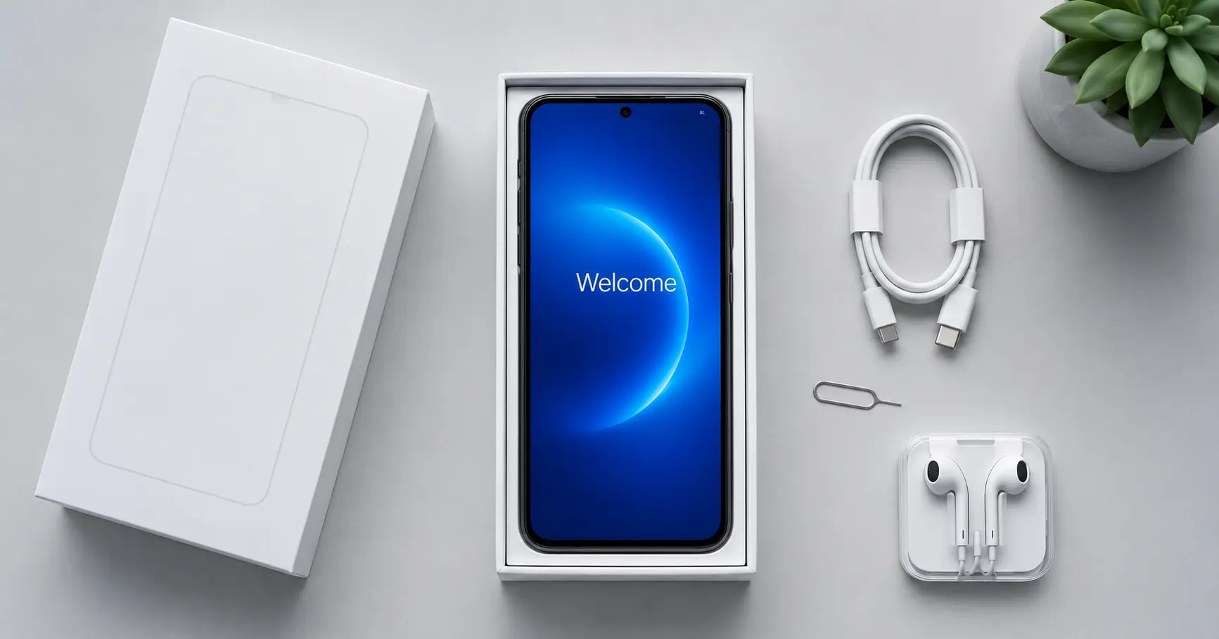 New smartphone unboxed on a grey desk showing the setup welcome screen — how to set up a new smartphone guide