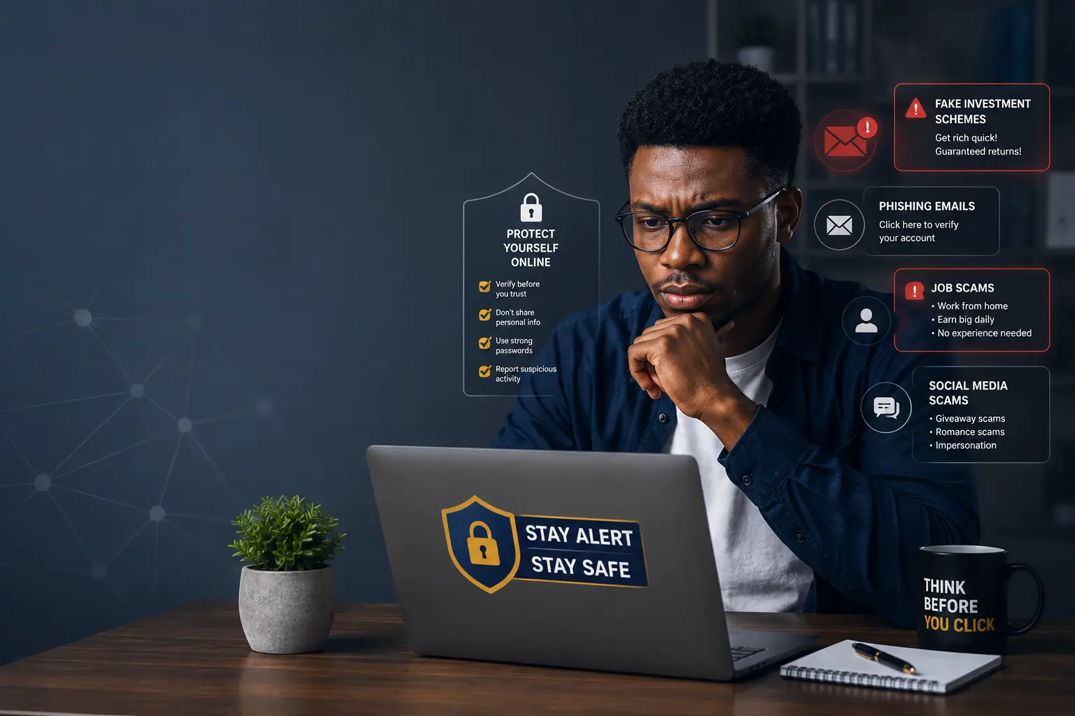 Nigerian man reviewing a suspicious investment alert, illustrating online scams in Nigeria 2026
