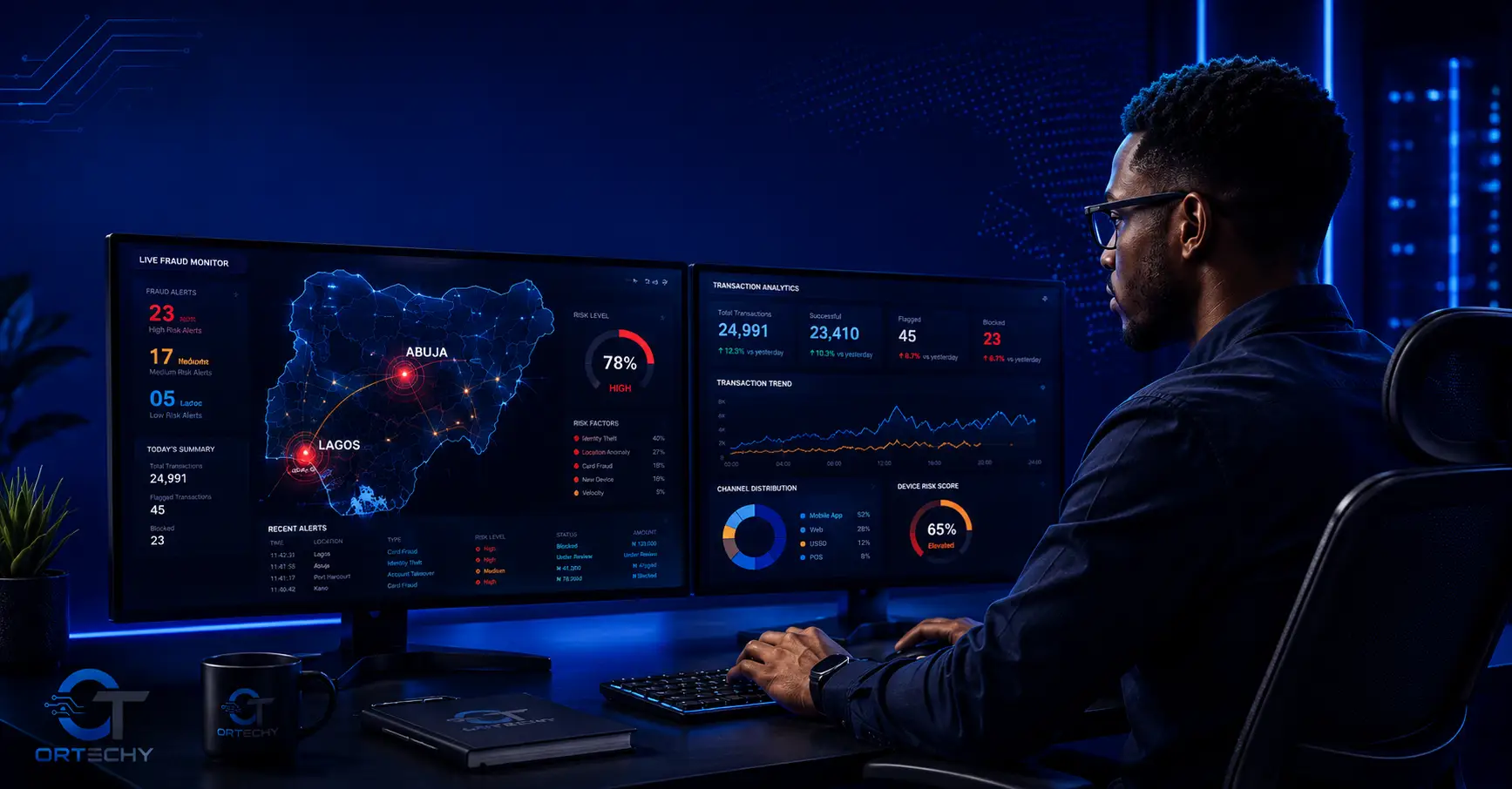 Nigerian fintech engineer monitoring fraud detection AI dashboard in Lagos office
