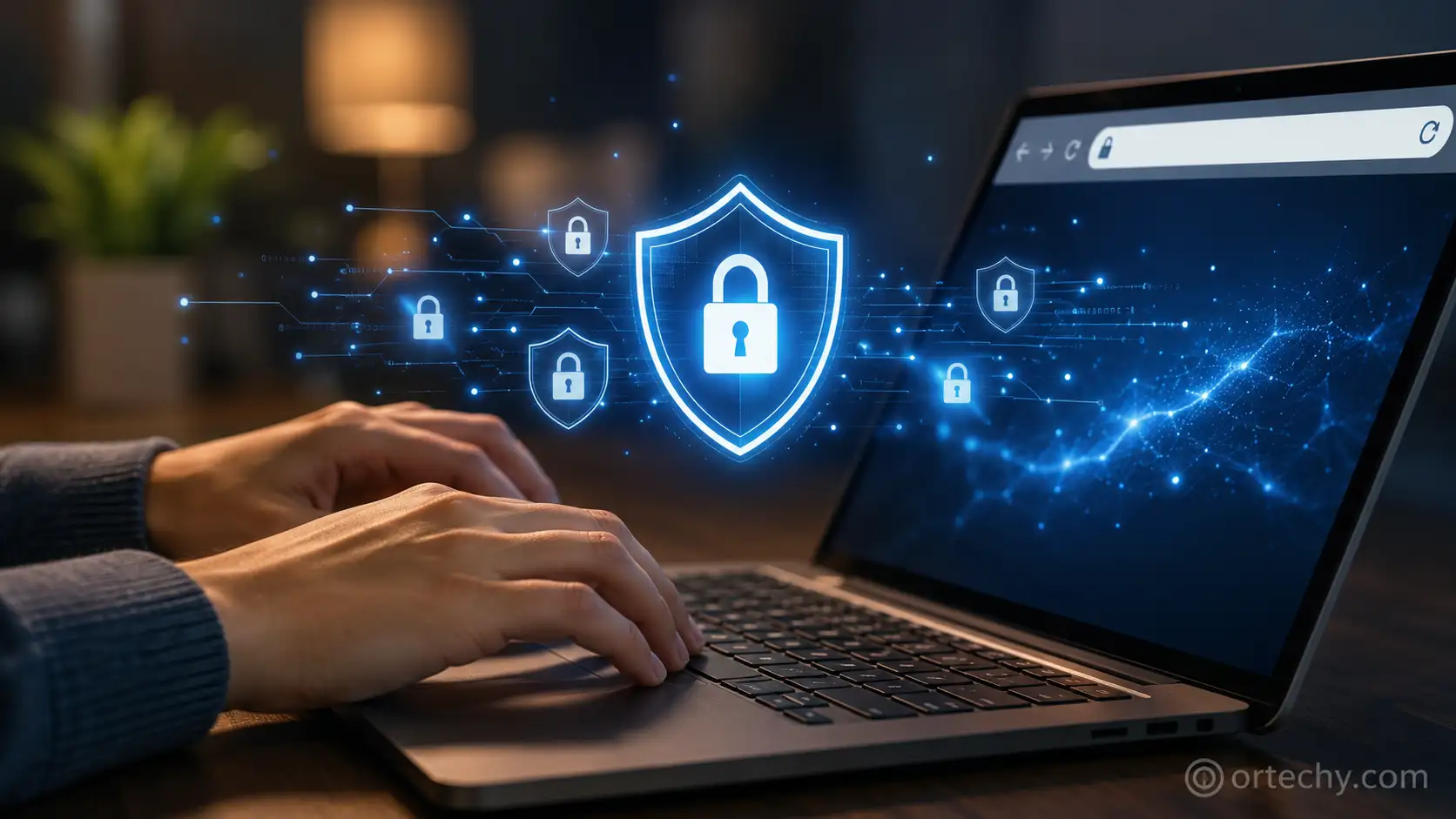 How to protect your personal data online showing hands typing on a laptop with floating security shield and padlock icons representing online privacy protection tips for 2026