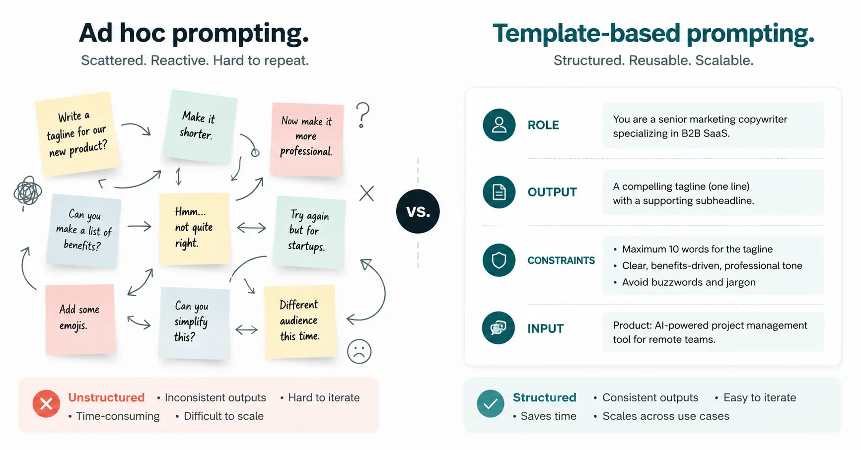 Infographic comparing ad hoc AI prompting with a structured prompt library template workflow side by side.