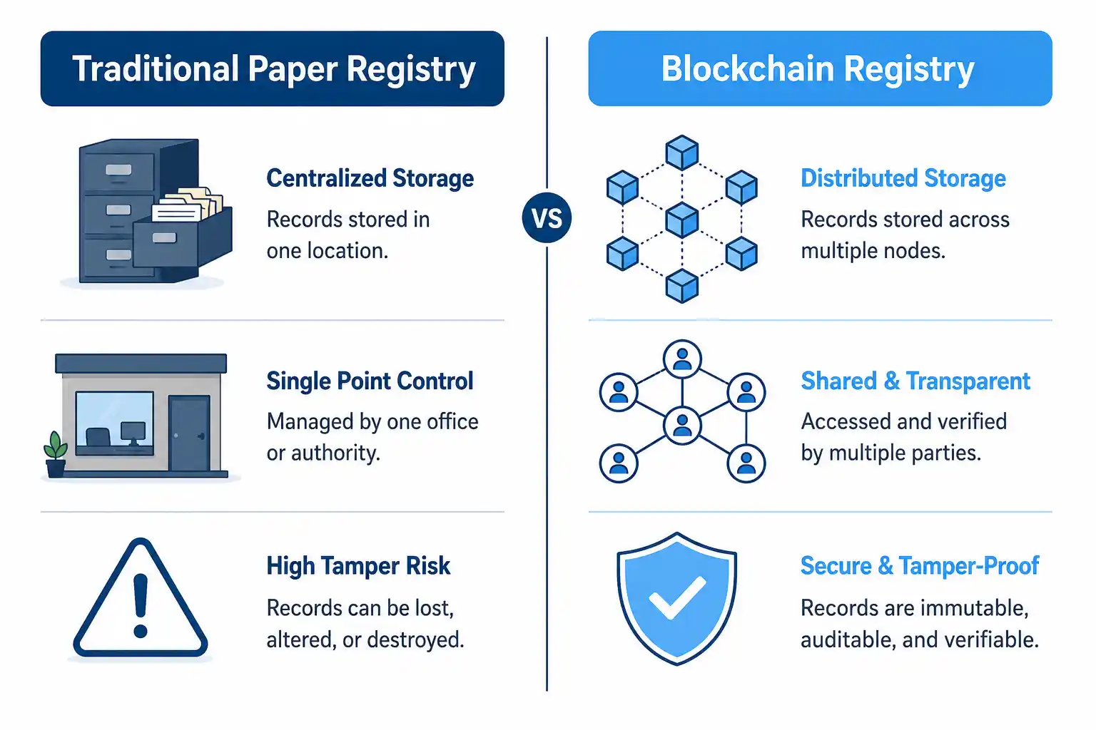 Diagram comparing traditional land registry fraud risks with blockchain land registry protections