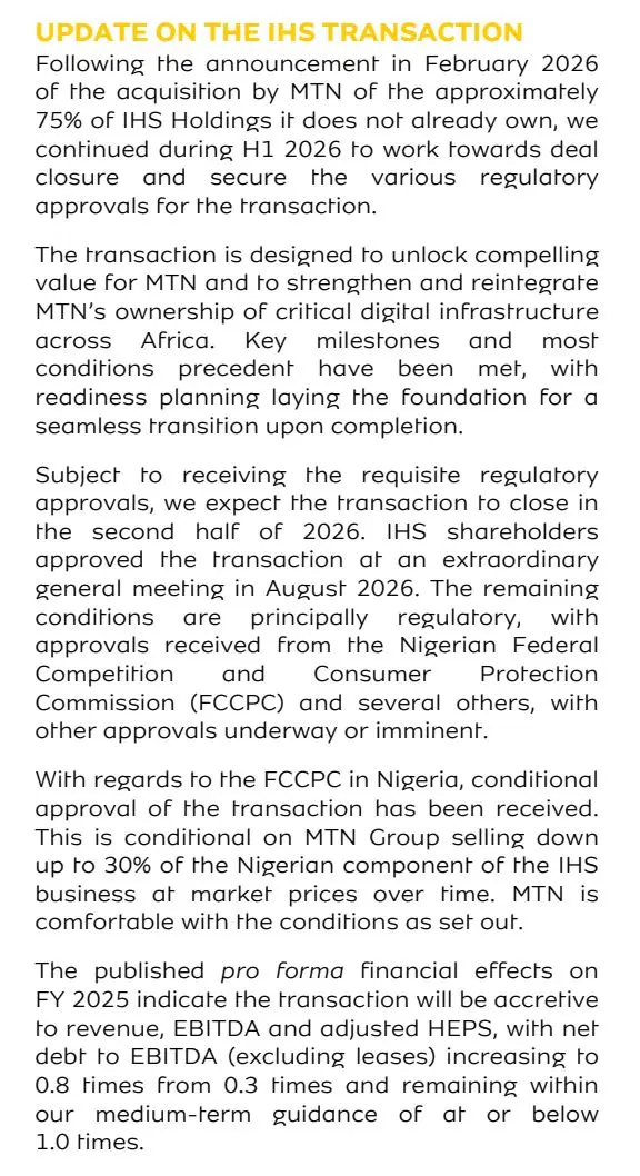 MTN's H1 2026 results confirming Nigerian regulatory approval for the IHS Towers deal
