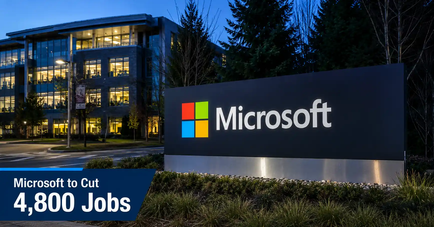 Microsoft headquarters sign representing the Microsoft 4,800 job cuts announcement in 2026