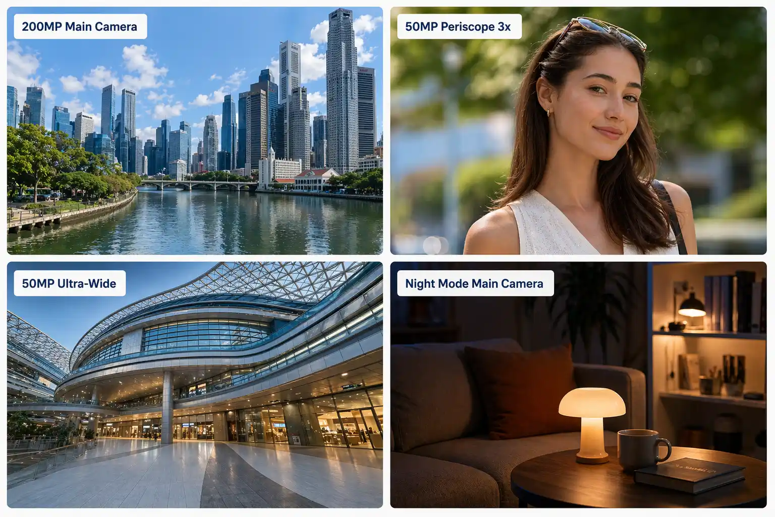  Vivo X300 camera review samples showing 200MP main camera daylight shot 50MP periscope portrait ultra-wide architecture and Night Mode low light performance in a four panel comparison grid