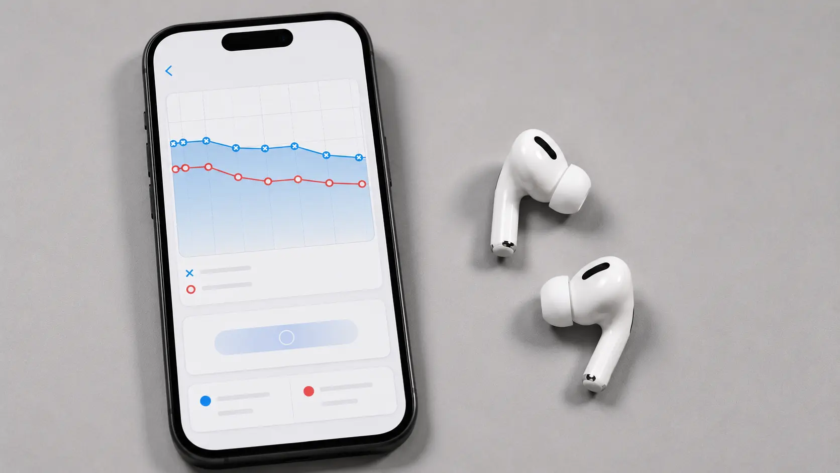 Apple AirPods Pro 2 displaying Hearing Health test results in the iOS Health app on iPhone