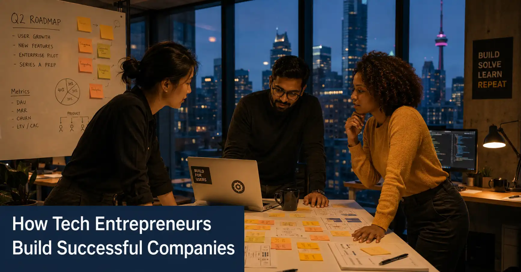 Tech entrepreneurs collaborating in a modern startup office, planning how to build a successful company