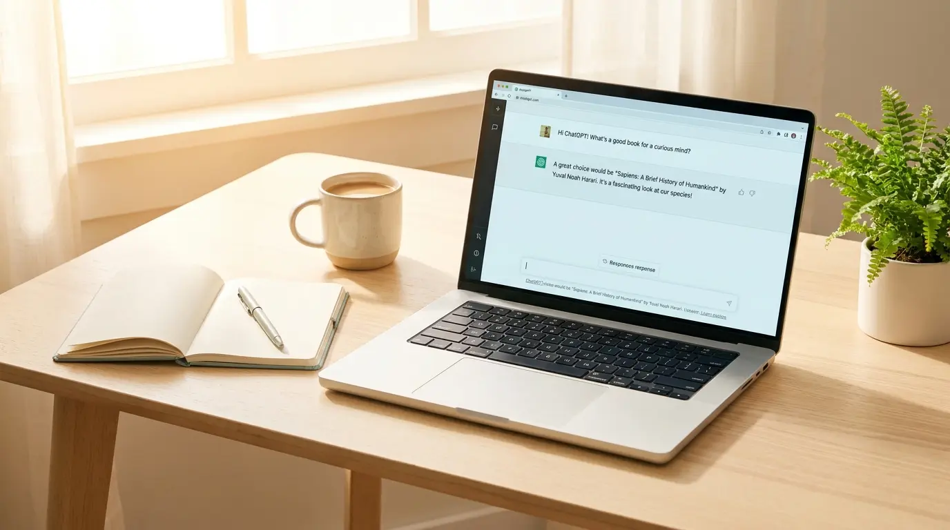 ChatGPT for beginners guide showing a laptop with the ChatGPT interface open on a bright desk with a notebook and coffee representing how anyone can start using AI tools in 2026