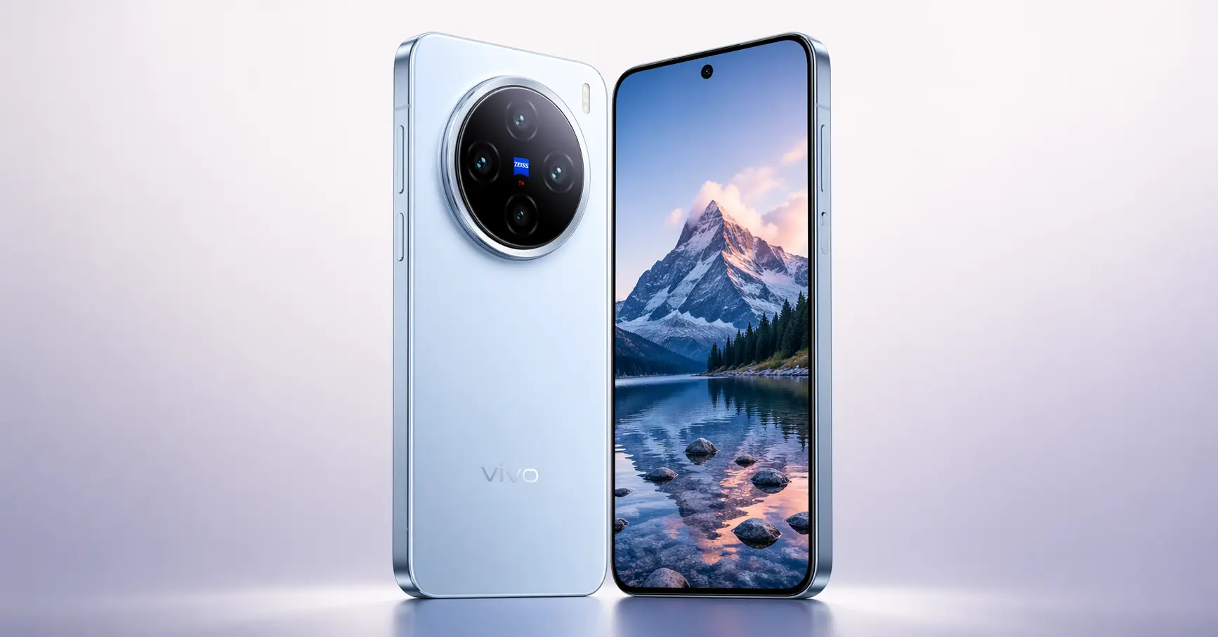 Vivo X300 review showing front and back design with AMOLED display and 200MP Zeiss triple camera module in light blue colorway