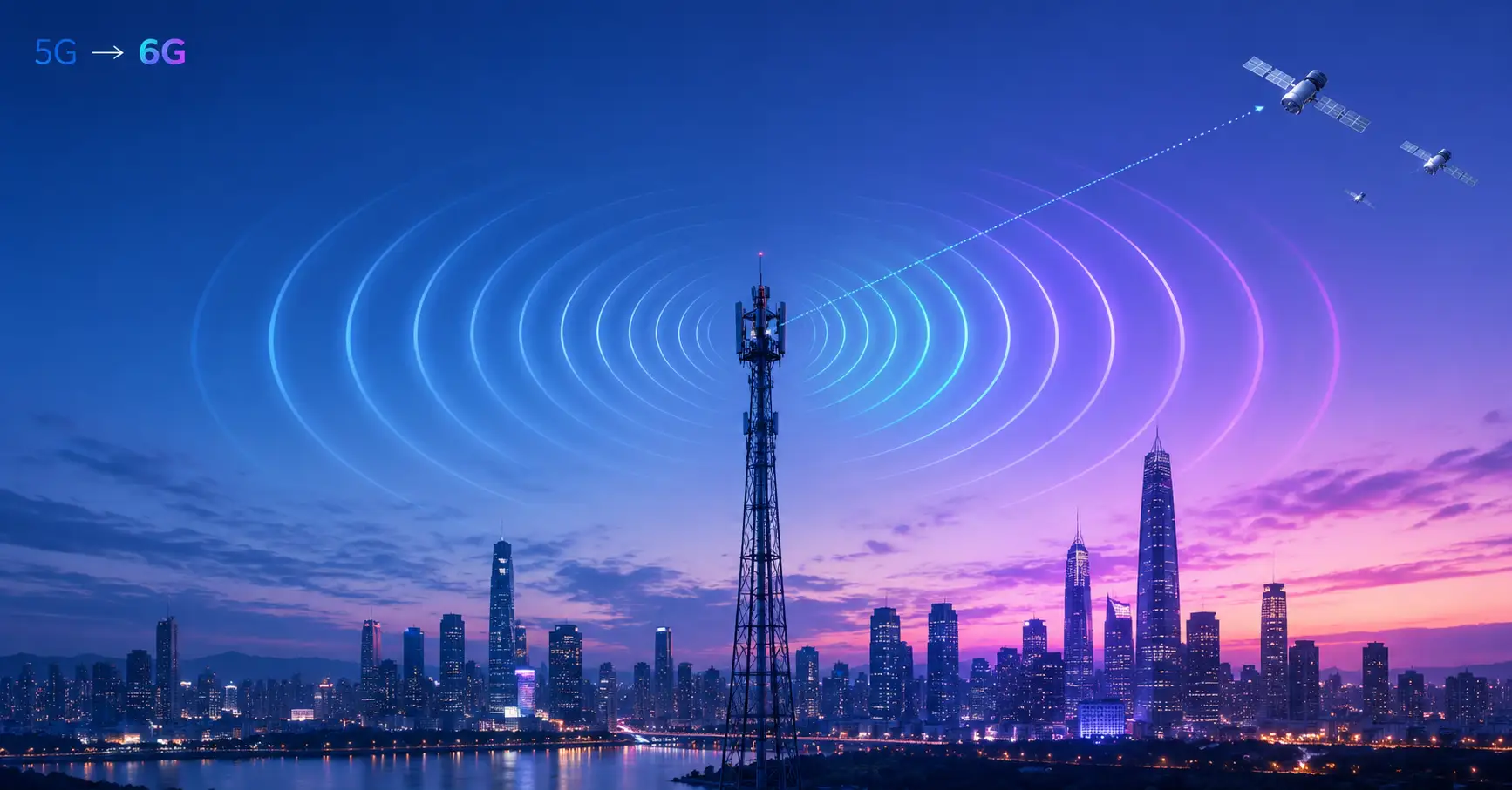 Futuristic city skyline with glowing 6G technology network signals connecting devices