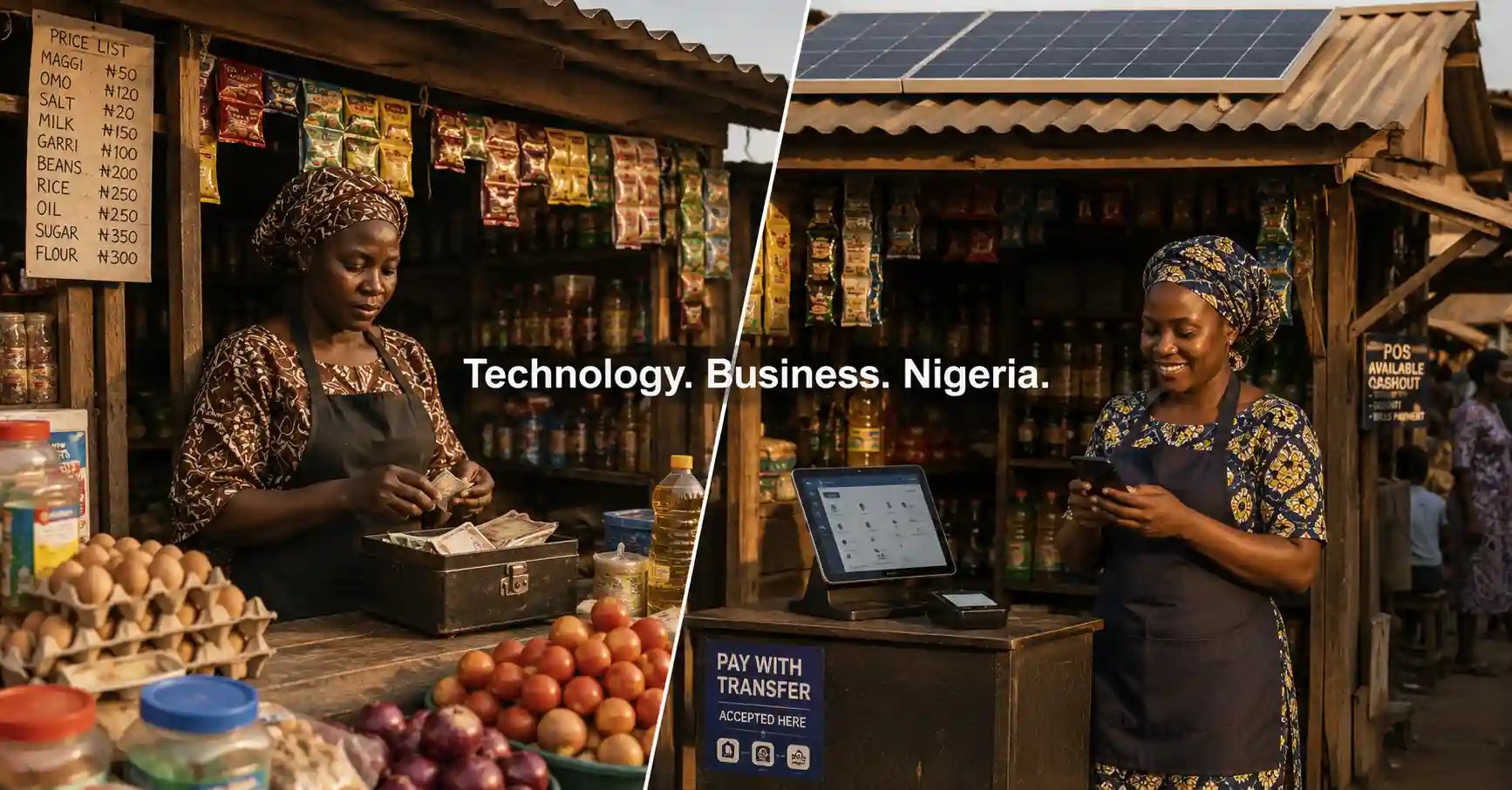 Nigerian small business owner using a smartphone and POS terminal with solar panels visible in background