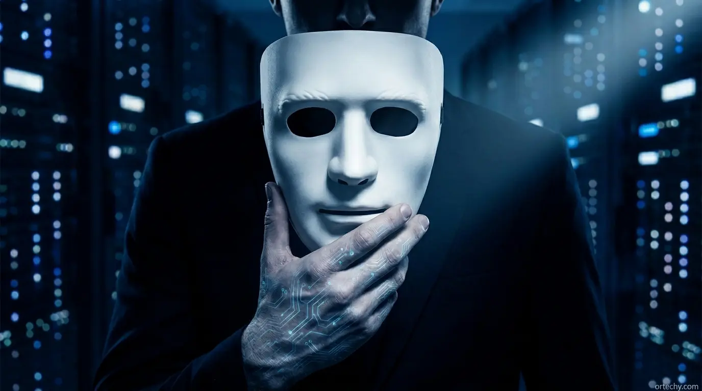 What is social engineering in cyber security illustration showing a hand holding a white theatrical mask with digital circuit patterns representing how attackers disguise themselves as trusted individuals to manipulate victims