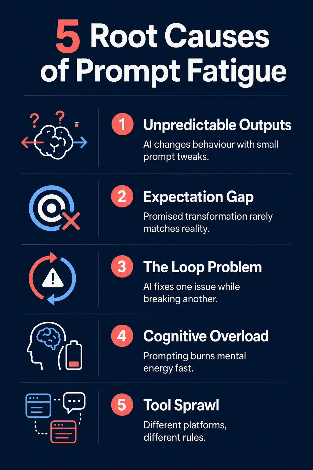 Infographic showing the five main causes of prompt fatigue in AI tools including cognitive load and unpredictable outputs