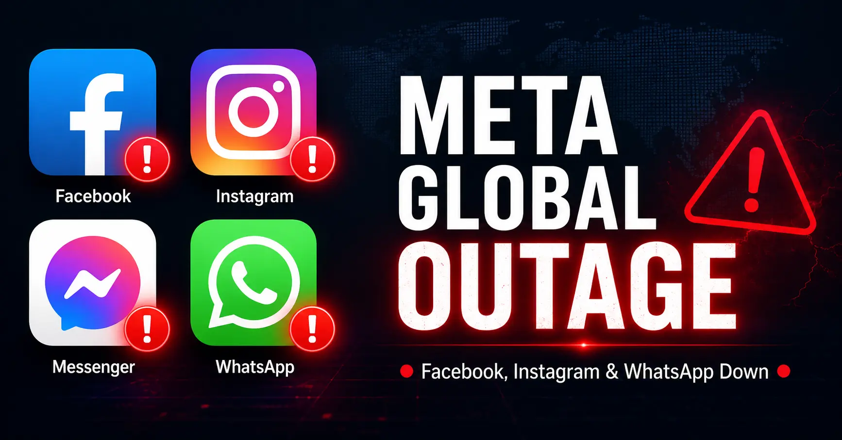 Meta global outage graphic showing Facebook, Instagram, Messenger and WhatsApp app icons with error symbols