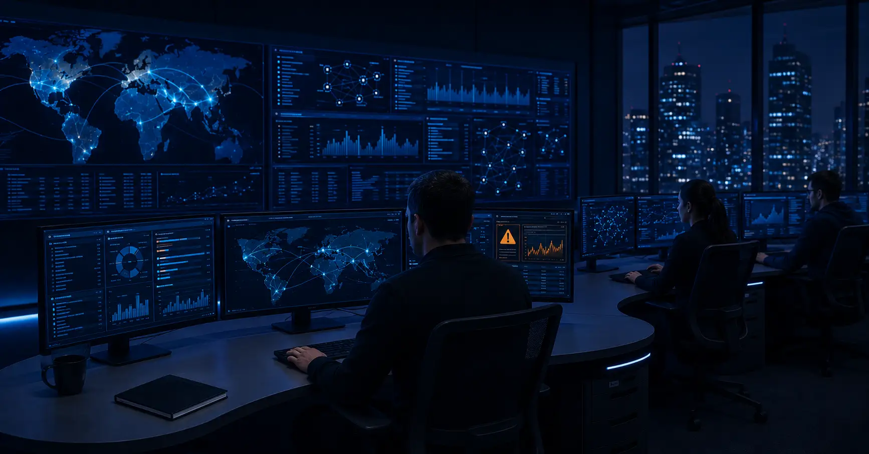 Security analysts using cyber threat defense strategies in a modern operations center