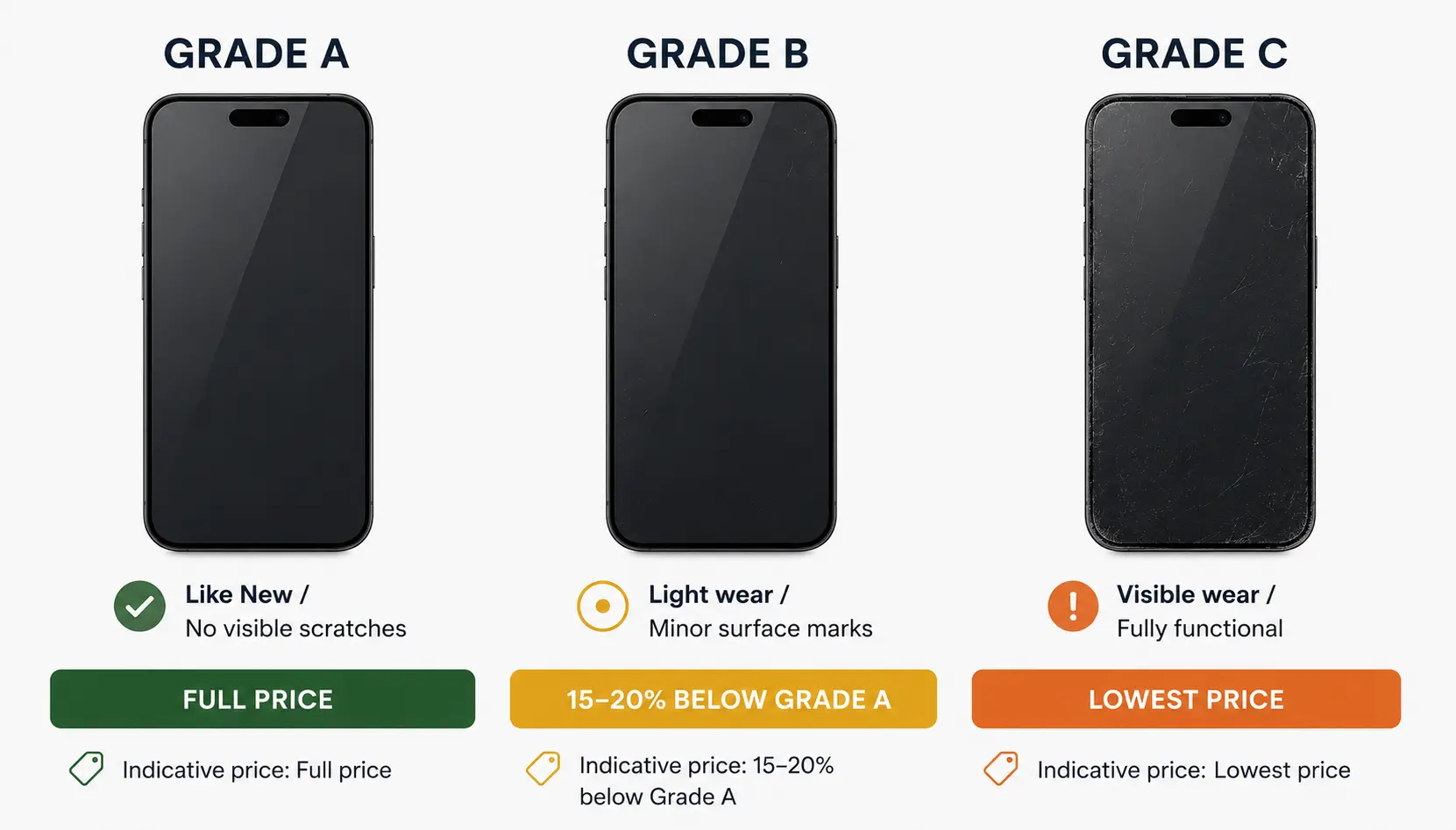 Refurbished smartphone grading chart showing Grade A, B, and C condition levels with descriptions — certified refurbished phone grades explained