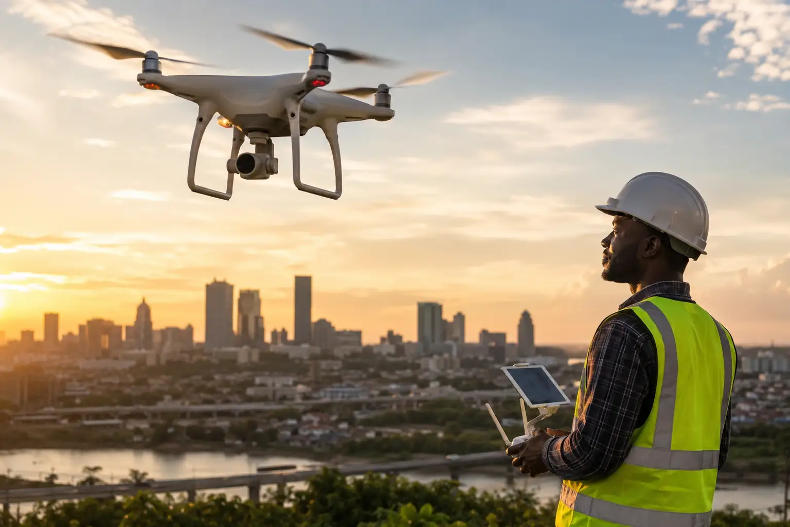 Delivery drone flying over rural Africa, illustrating drone technology in Africa