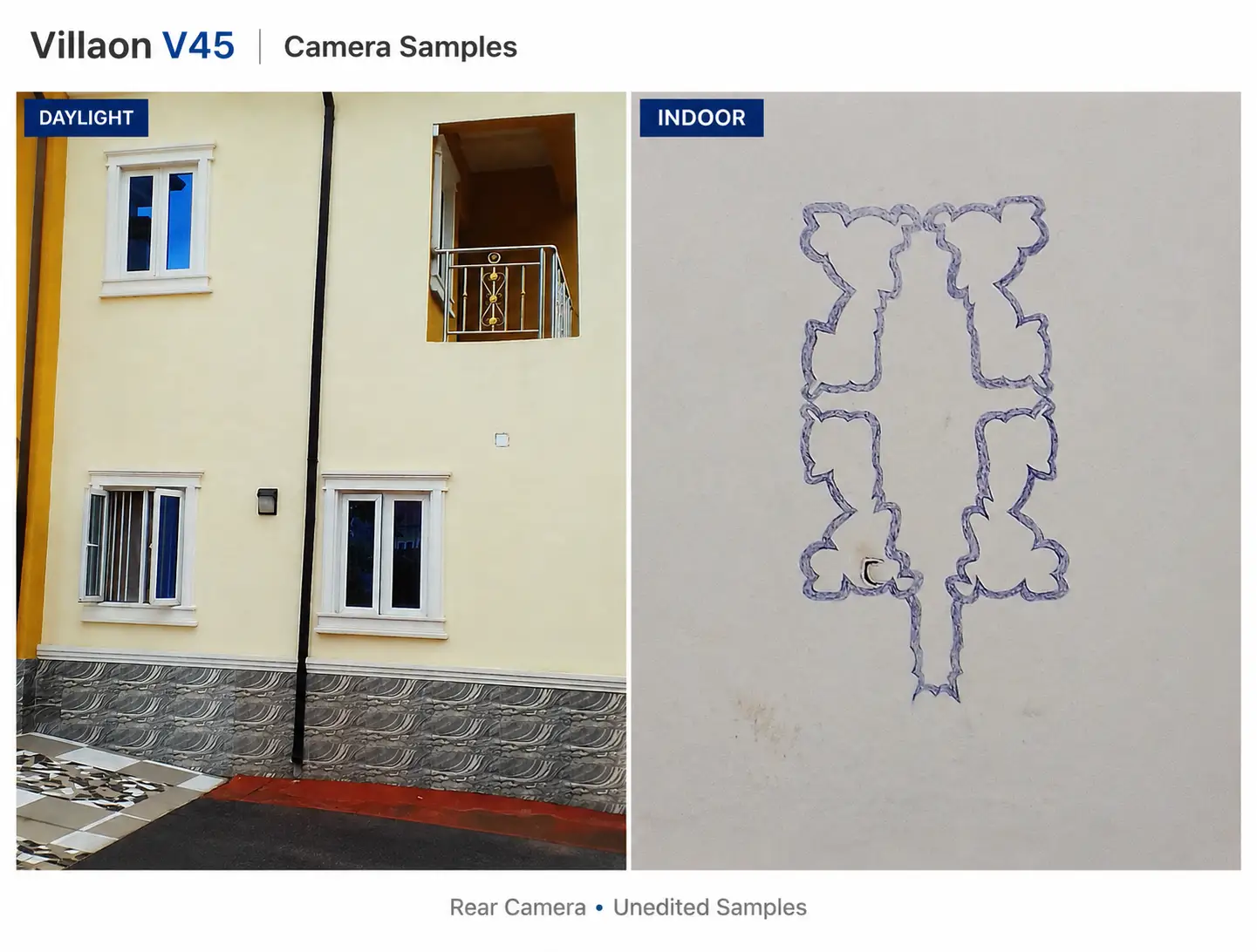Villaon V45 camera samples comparing daylight and indoor photo quality