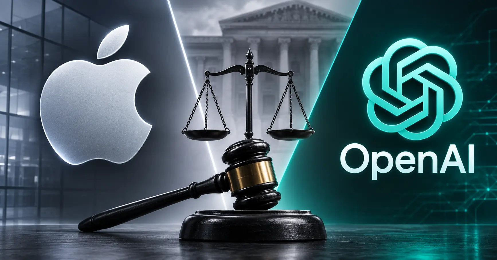 Apple and OpenAI logos divided by a legal scales icon representing the trade secrets lawsuit