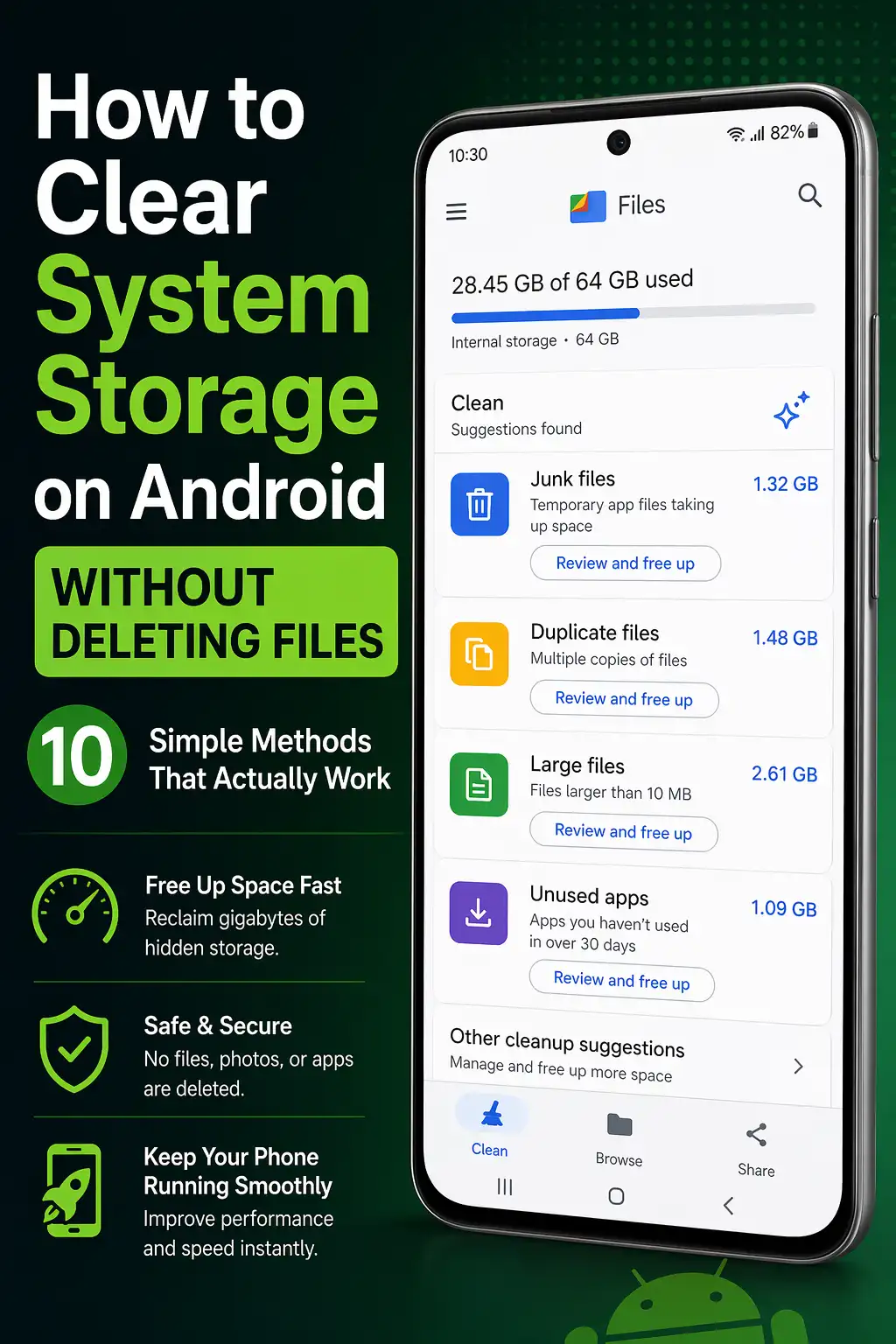 Google Files app on Android showing Clean tab with junk files duplicate files and storage categories to free up system storage without deleting personal files.
