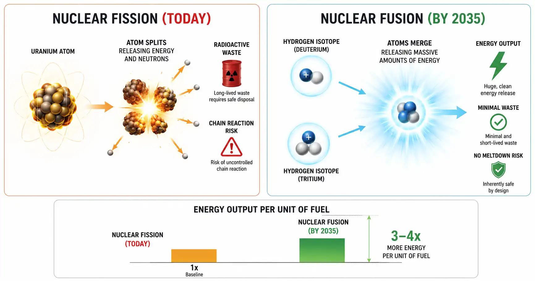 Comparison diagram showing nuclear fission waste risks versus clean nuclear fusion energy output targeting grid delivery by 2035