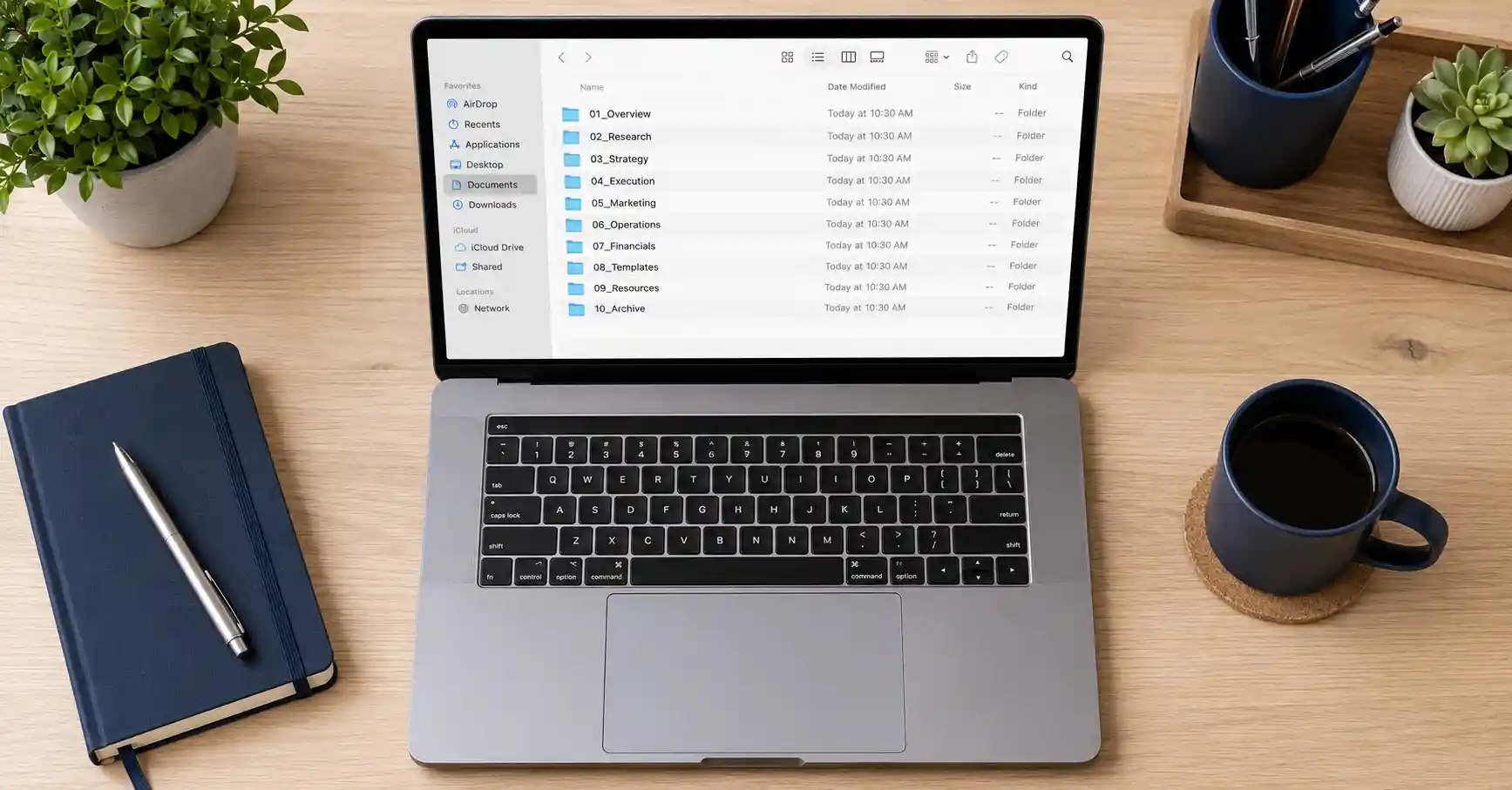 Laptop showing organized digital file folders on a clean desk — how to organize digital files for productivity