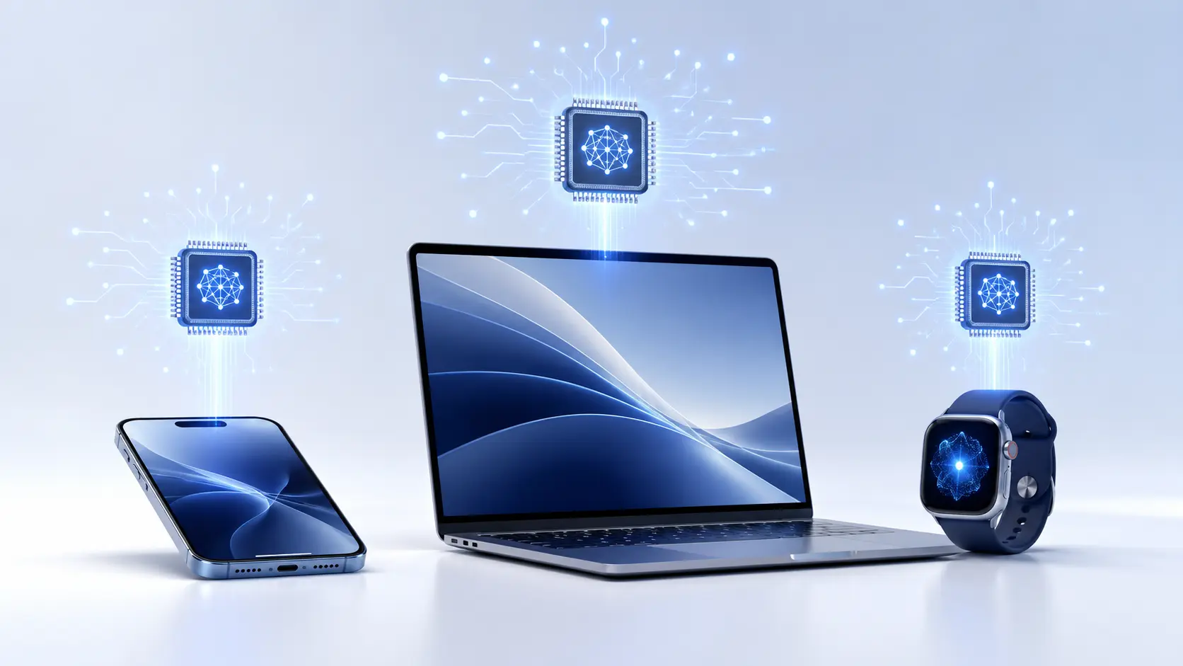 Future of on-device AI in consumer electronics showing smartphone laptop and smartwatch with glowing neural processing unit chip icons representing local AI computation in 2026