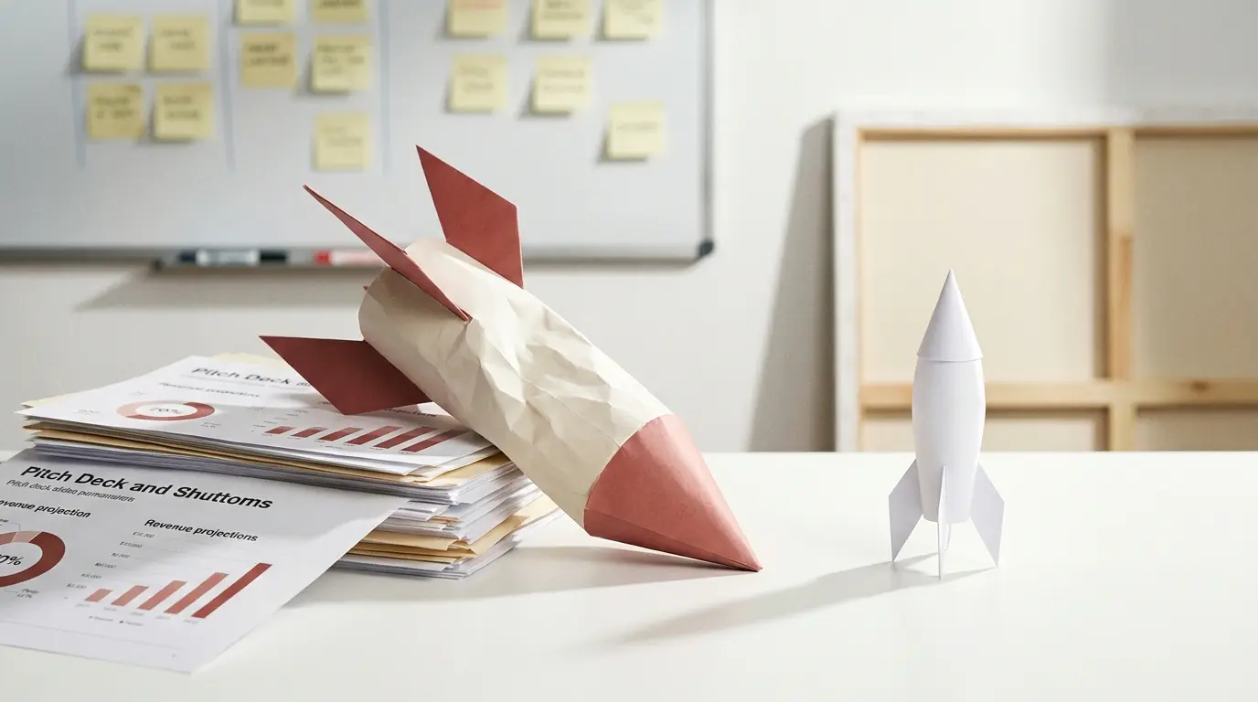 Why tech startups fail within their first three years editorial illustration showing a crashed paper rocket surrounded by scattered pitch documents beside one surviving rocket on a clean desk representing startup failure and survival statistics in 2026