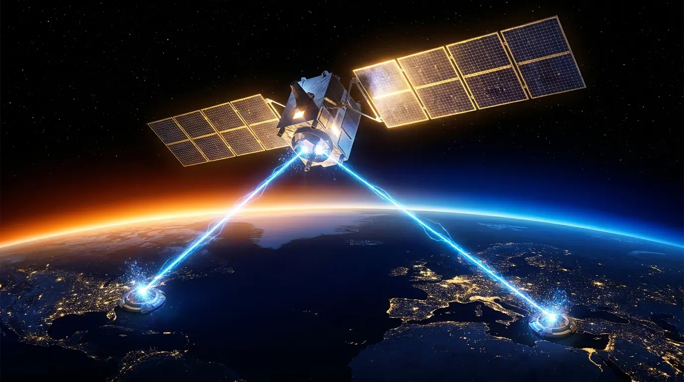 Why governments are investing billions in quantum satellites illustration showing a quantum satellite in low Earth orbit transmitting blue quantum key distribution beams to ground stations on Earth representing the global quantum space race in 2026