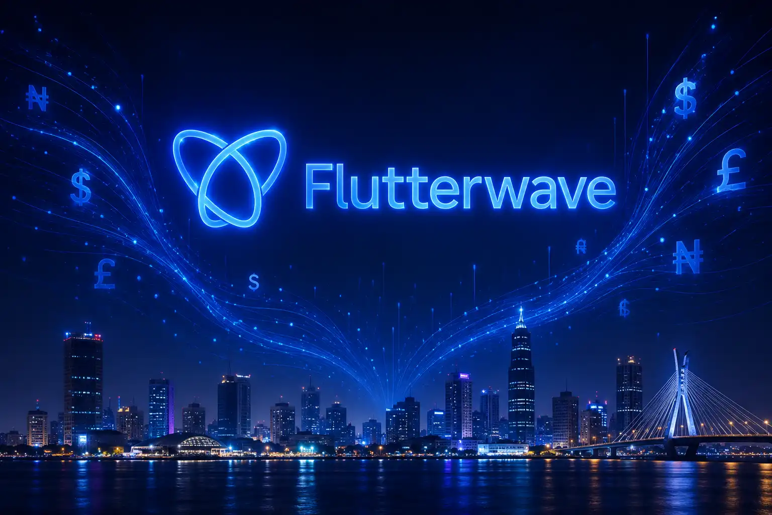 Flutterwave Nigeria fintech transformation 2026 showing company logo with data streams representing the acquisition of Mono banking licence and $40 billion in lifetime payments processed across Africa