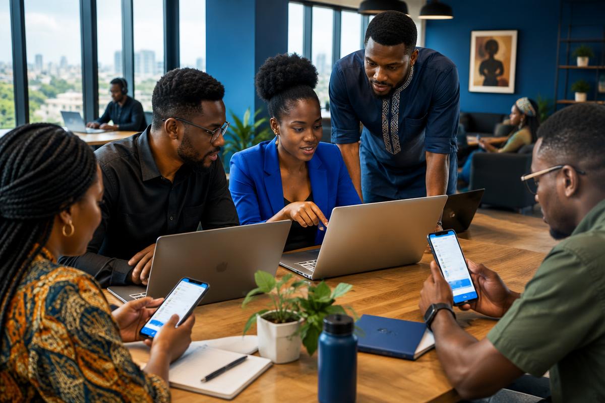 African fintech founders collaborating around laptops and phones in a co-working space