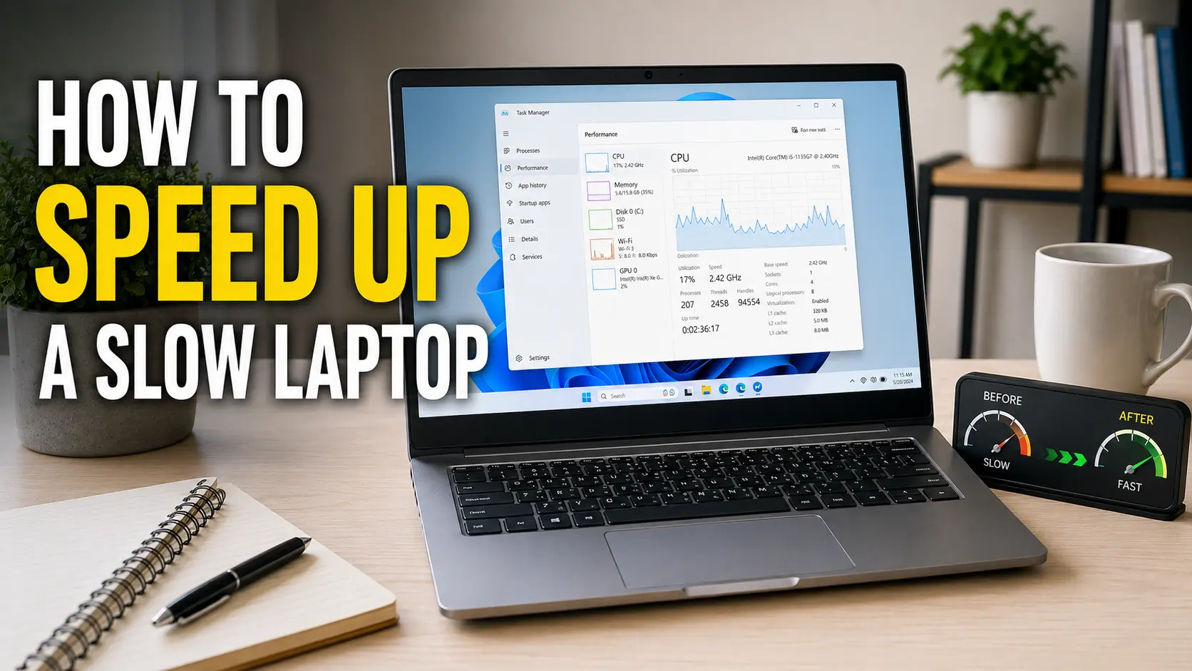 How to speed up a slow laptop showing a laptop on a desk with Task Manager open displaying CPU and memory usage alongside a before and after speed comparison