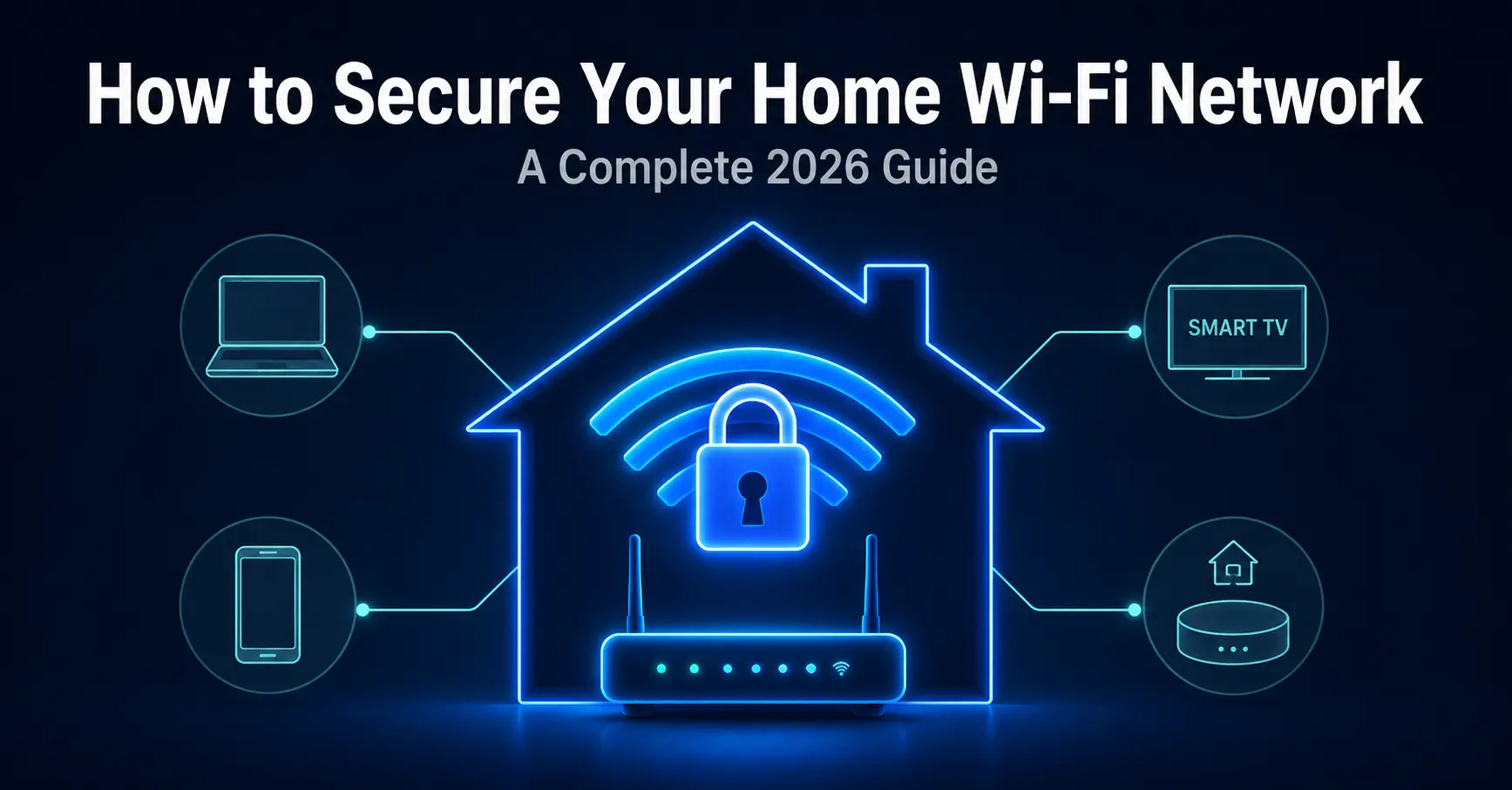 How to secure your home Wi-Fi network illustrated with a router and padlock inside a home connected to multiple devices