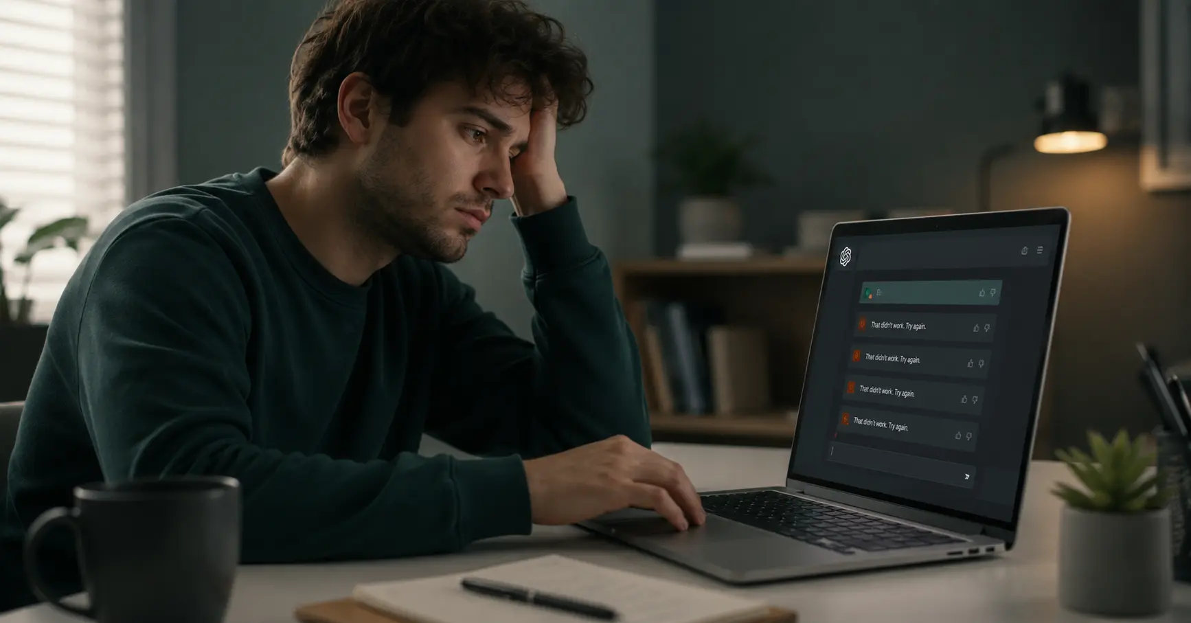 Person experiencing prompt fatigue sitting at a laptop with an AI chat interface open, looking mentally drained.