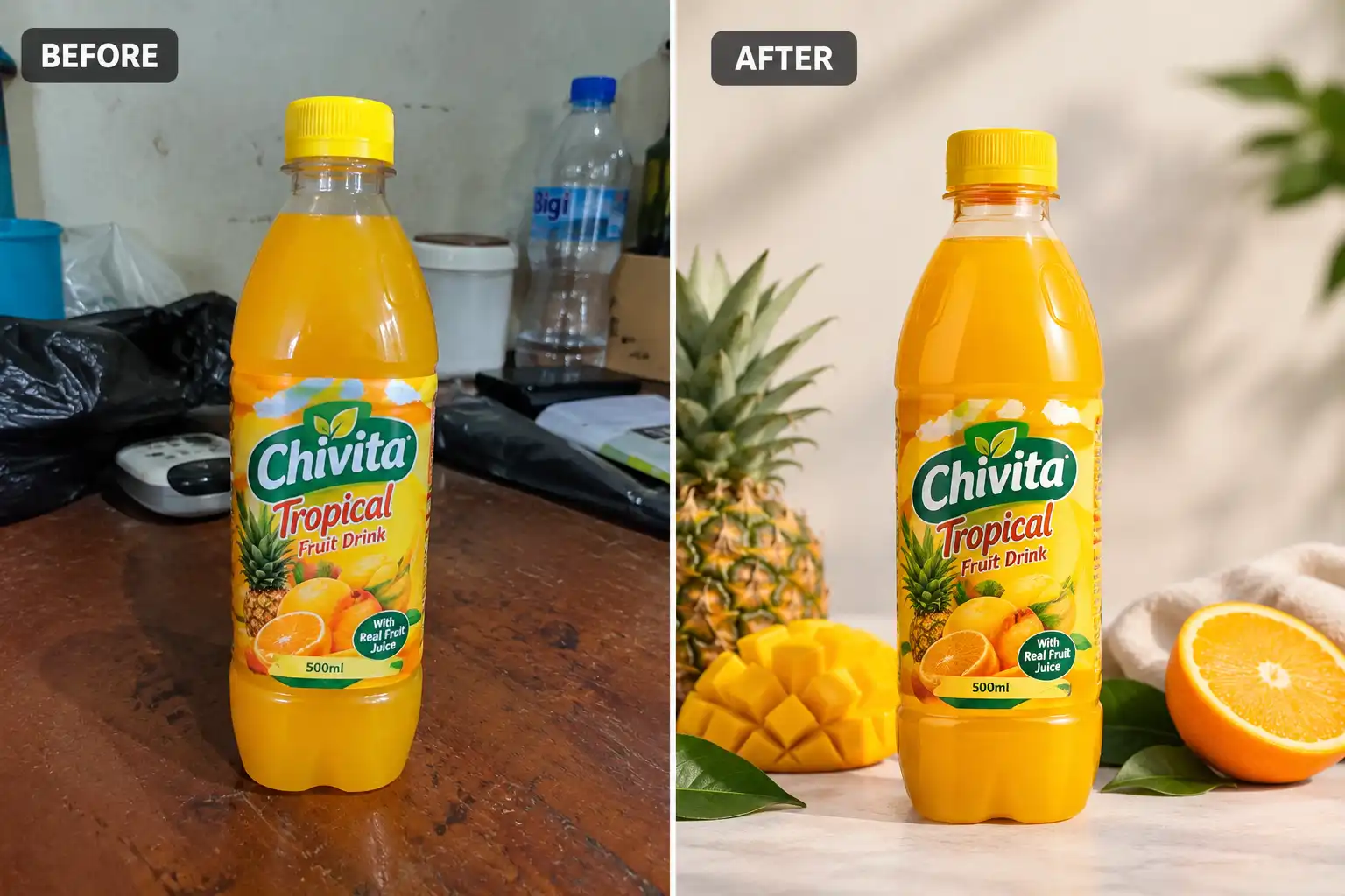 A plain phone photo turned into a studio-style product shot, the kind of edit sellers currently pay per shoot for.