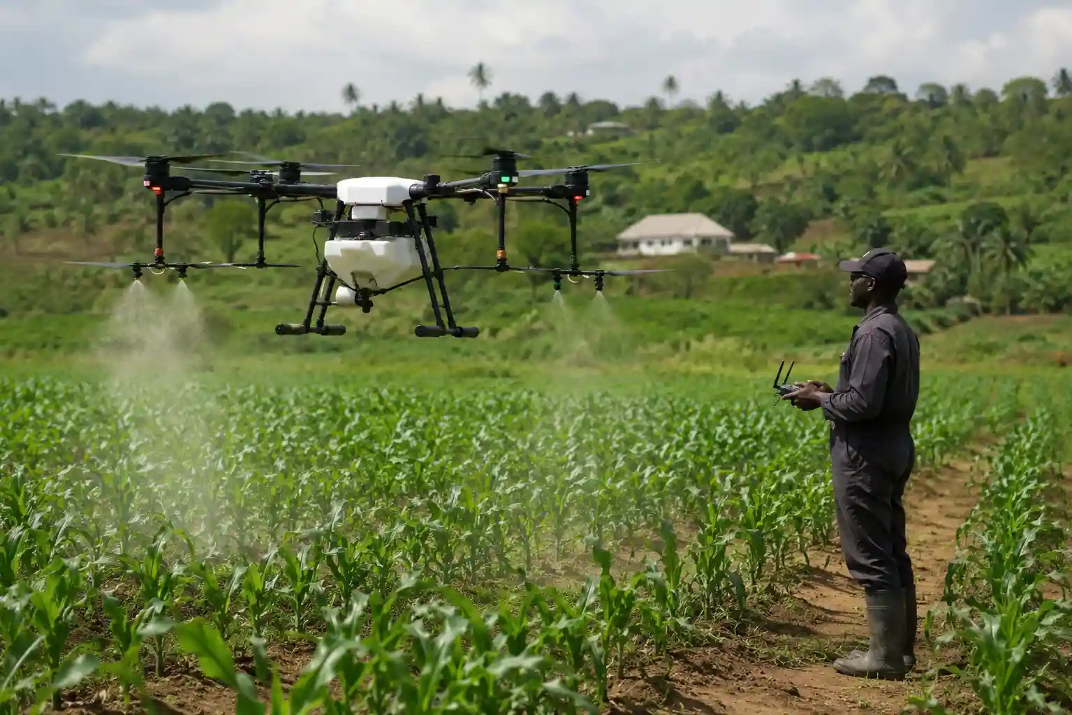Agricultural spraying drone flying over crops in Africa
